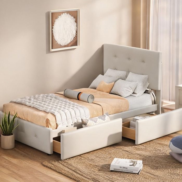 Lit une place 90x200 cm capitonné beige avec sommier à lattes et deux tiroirs de rangement