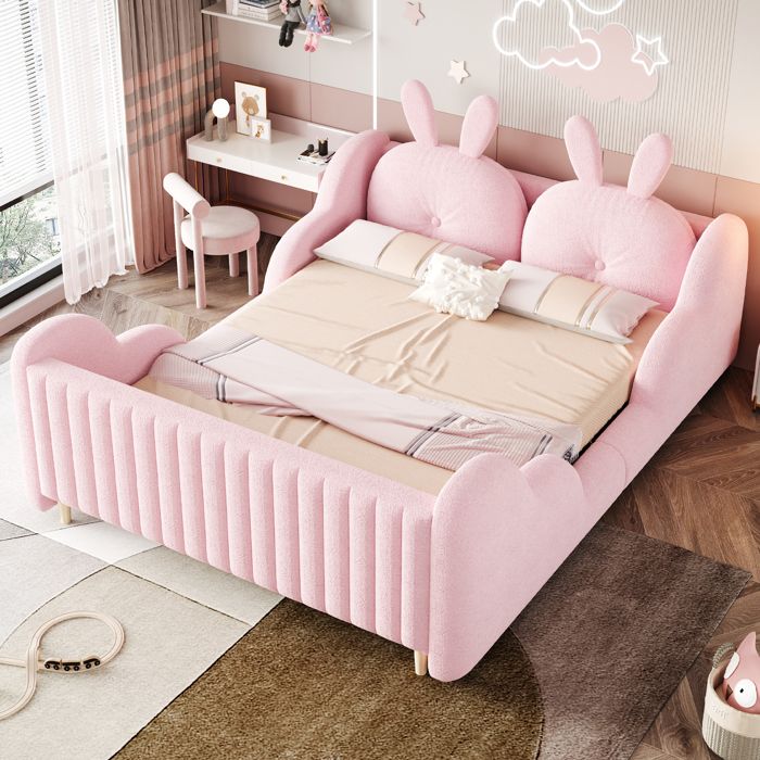 Lit Enfant Rembourré 140x200 cm roseTête de Lit avec Coussin Lapin Amovible Barrières Latérales NuageLit Plateforme(Sans Matelas)