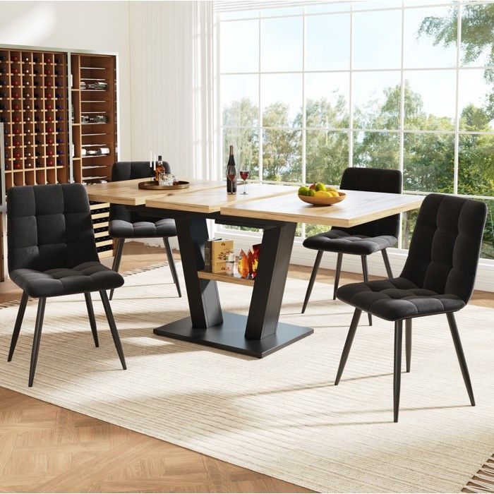 Ensemble table à manger extensible 118-157 x 70 x 75 cm avec 4 chaises structure stable MDF noir et naturelmoderne