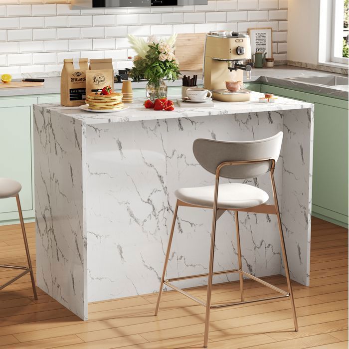 Îlot central de cuisine 120 x 60 x 90 5 cm blanc effet marbre en MDF avec 3 tiroirs 3 portes et espace bar