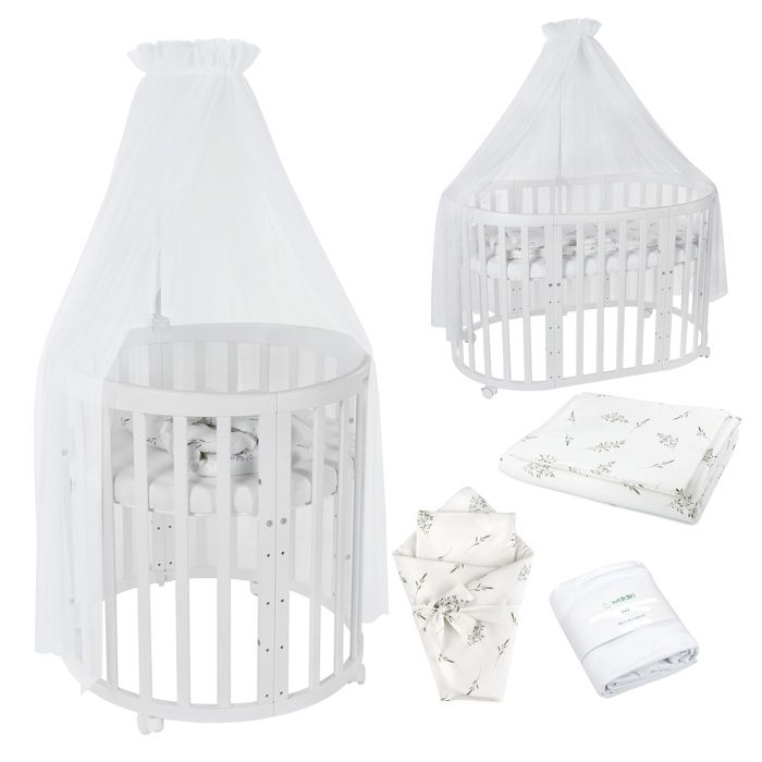 Waldin Lit Bébé Ovale 7en1 Évolutif Matelas - Blanc - Ensemble Branches Blanc inclus Waldin Lit Bébé Ovale 7en1 Évolutif Matelas - Blanc - Ensemble Branches Blanc inclus
