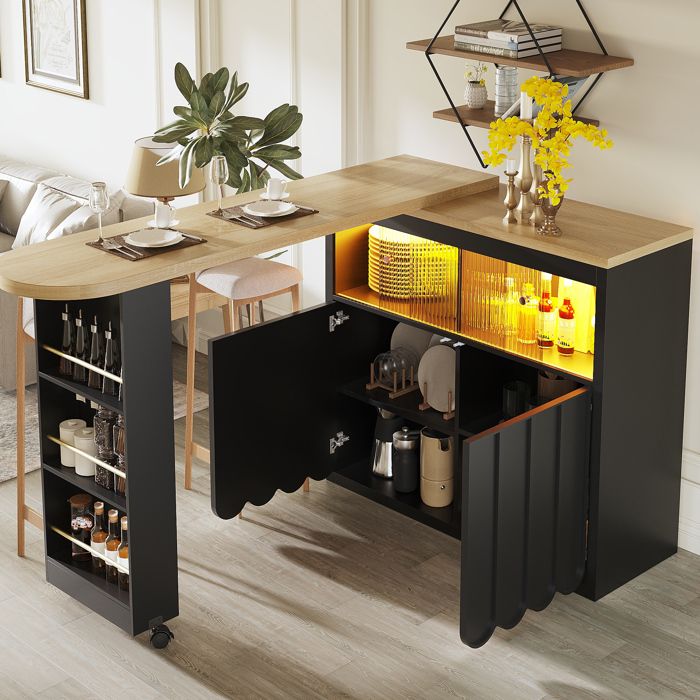 WUVRIE Buffet bas extensible avec roulettes LED USB rangement MDF et verre noir