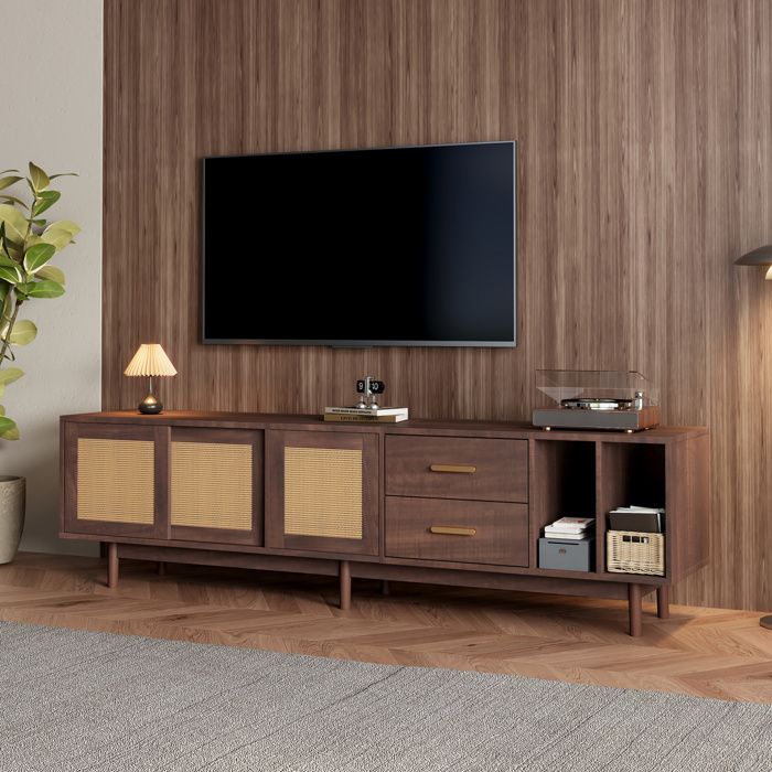 Meuble TV bas en MDF marron avec portes façon rotin 2 tiroirs 190 x 40 x 52 cm