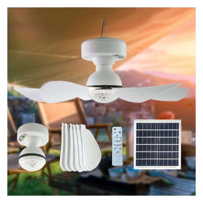 Ventilateur de plafond portable et amovible avec télécommande à charge solaire 12W，trois vitesses lumière chaude et lumière blanch