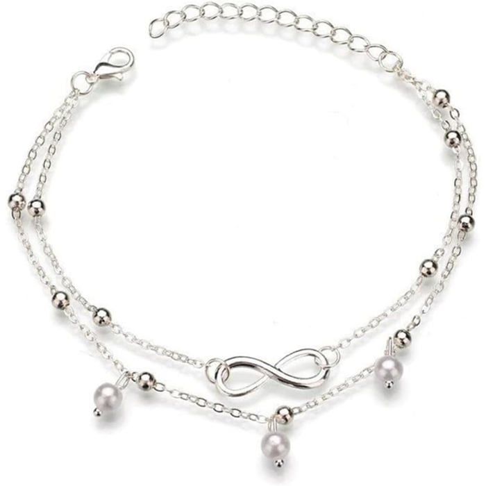 Boho Double Cheville Argent Perle Cheville Bracelet Bracelet De Cheville Perlé De Plage En Argent Lucky 8 Réglable Pour Femm[CA172]