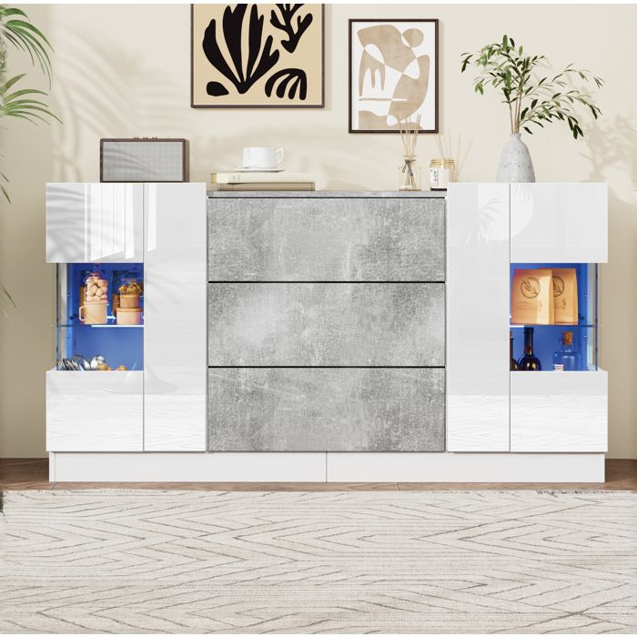 Buffet bas 2 Portes et 3 Tiroirs avec LED 16 Couleurs - ELVMI - Blanc brillant et décor marbre gris 140×35×75 cm