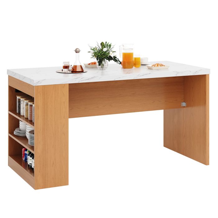 Îlot central cuisine moderne avec LED et prises 2xAC + 2xUSB plan 40 mm 155x80x90 cm 3 étagères ouvertes