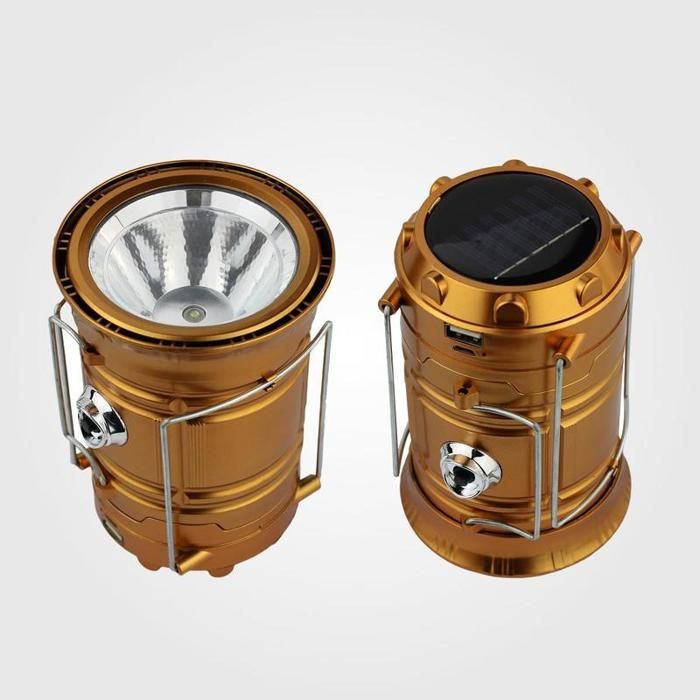 Lanterne de camping solaire et rechargeable par USB – Lampe torche LED portable à énergie solaire (dorée) [Classe énergétique A+]