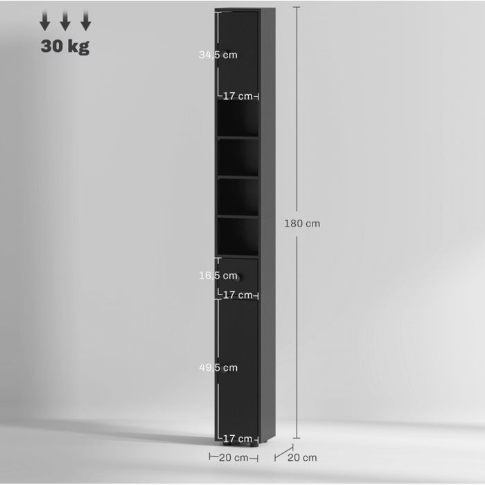 Colonne de salle de bain etroite 180 cm noir 2 portes 1 tiroir 4 niches ouvertes rangement WC melamine ORVRYN