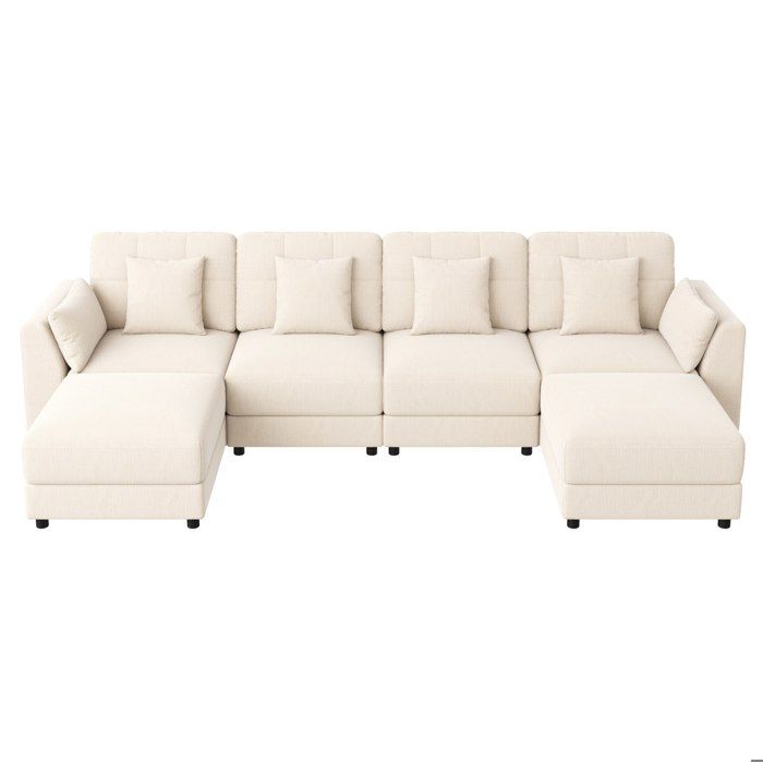 SENVIRO canape d angle modulable U ou L 292 x 135 x 82 cm chenille beige 2 poufs mobiles LED 6 coussins
