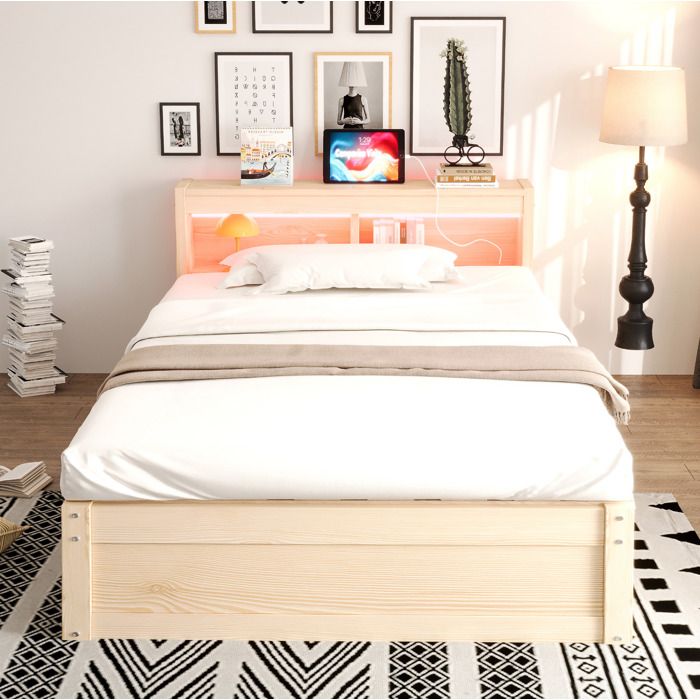 Lit Coffre Simple 90×200 cm Prise Intégree LED Multicolore et Rangements - BEAUNIV - Sans Matelas Bois Naturel