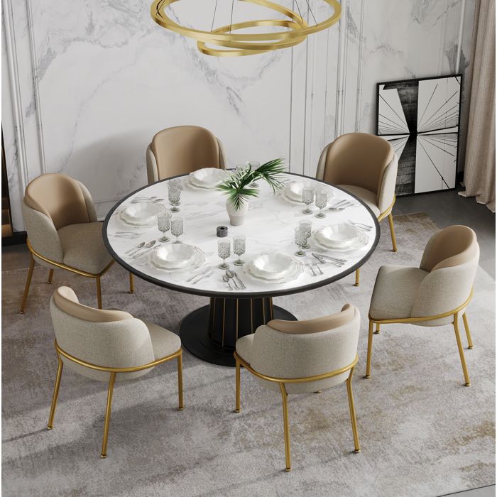 Chaise de Salle à Manger Lot de 6 avec Dossier Ergonomique et Patins Réglables - ELVMI - Pieds en Métal Beige et Kaki