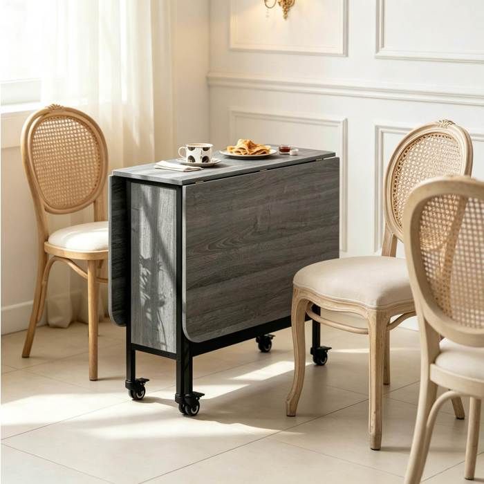 Table a manger pliante extensible 130 x 80 x 74 cm en metal et panneaux de particules gris avec etagere