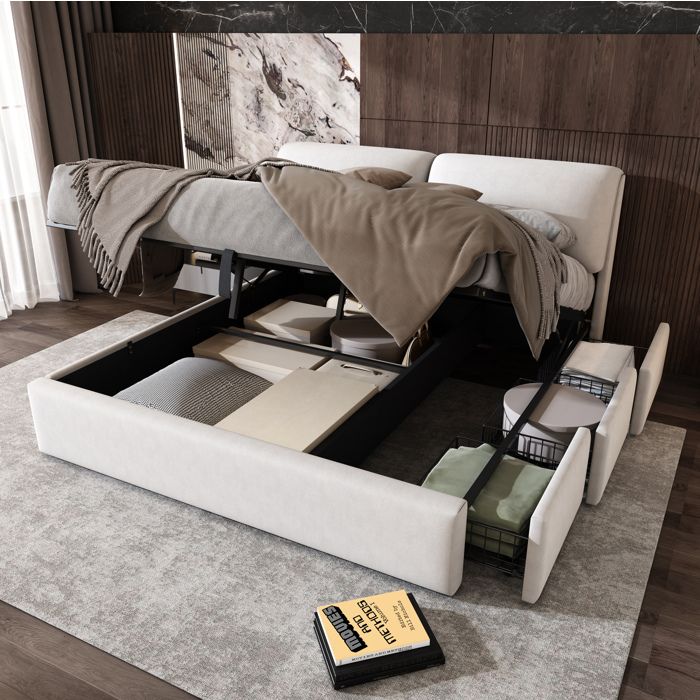 Lit coffre 160×200 cm 3 tiroirs coffre hydraulique et sommier à lattes inclus - MODENVIE - sans matelas velours beige