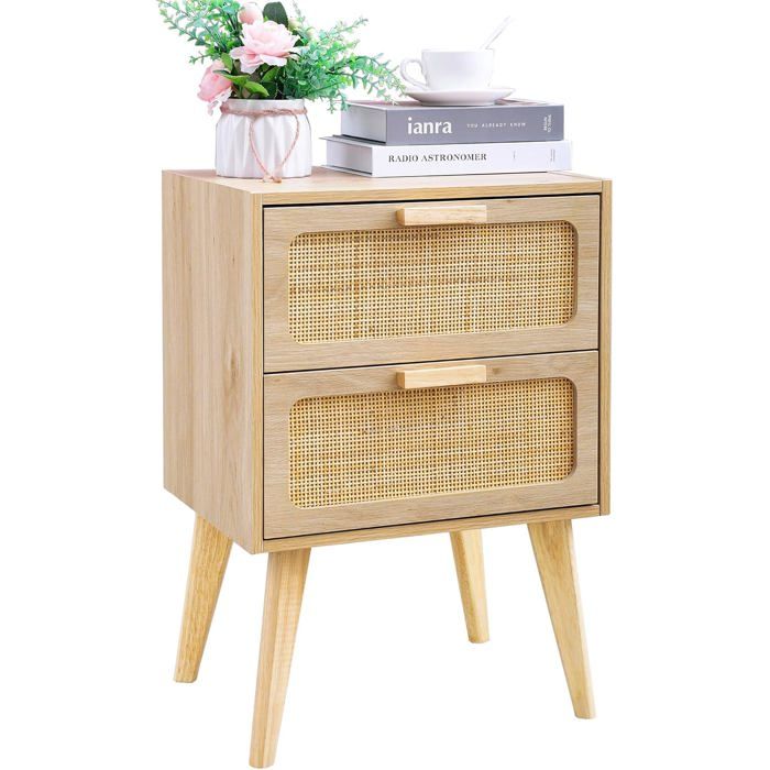 Table de chevet scandinave - 2 tiroirs en rotin naturel avec pieds en bois massif - MDF 30 x 40 x 58 cm pour chambre salon