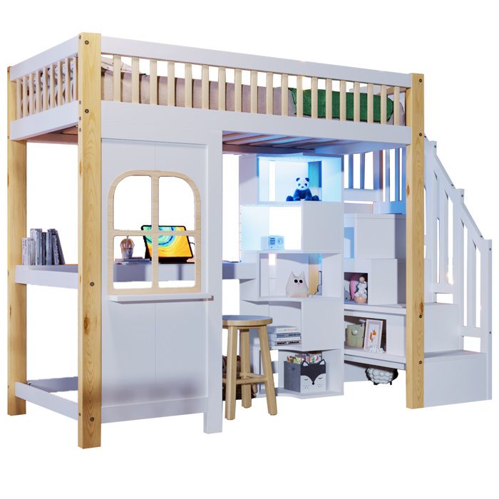 Lit mezzanine 90x200 rangement ouvert bureau prise LED forme fenêtre échelle-étagère sans matelas blanc naturel