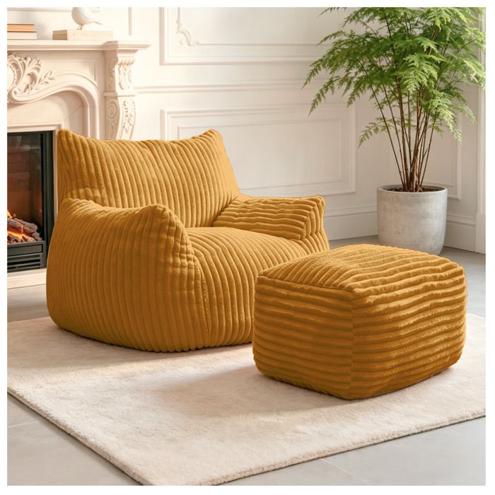 Fauteuil relax compressé avec ottoman assorti jaune tissu flanelle mousse haute densité sans montage