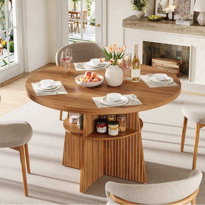 Table A Manger Ronde Extensible Noyer Table De Repas FloraGrace Pour Cuisine Avec Etagere Integree 110-150x110x77 5cm