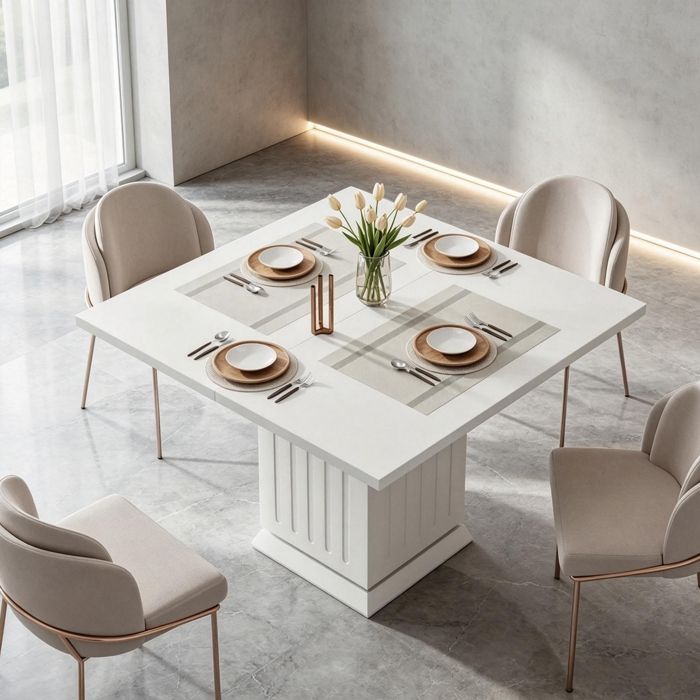 Table de salle à manger carrée de 90 cm avec 2 sets de table-petite table de cuisine avec socle robuste-pour salon-blanc