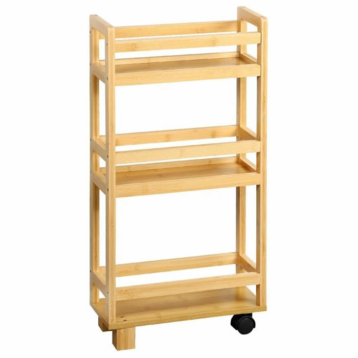 Étagère étroite en bambou sur roulettes 74 cm Étagère étroite en bambou sur roulettes 74 cm