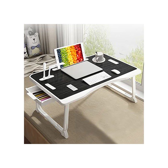 Table de lit USB pour Ordinateur Portable Plateau Pliable avec Port de Charge USB poignée Fente pour Carte de Bureau/Tasse tiroir