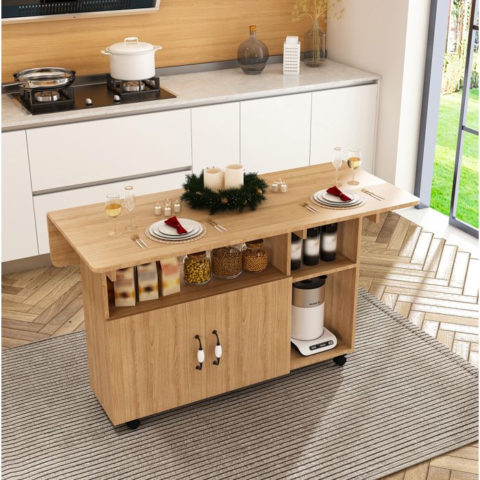 Modenuit Table à manger pliante mobile 110x70x80 cm avec rangement 5 roulettes MDF chêne clair