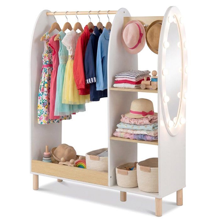Armoire enfant ouverte avec miroir LED étagères et crochets rangement vêtements et accessoires chambre enfant