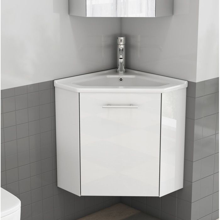 WOVREO Meuble sous vasque d’angle suspendu avec vasque en céramique 2 portes blanc brillant