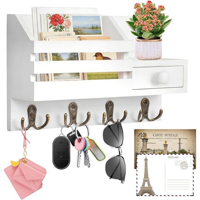 Wall-Mounted Mail Holder and Key Ring Wall Key Box with 4 Double Hooks Wall Key Cabinet Key Holder Organizer for Entrance
