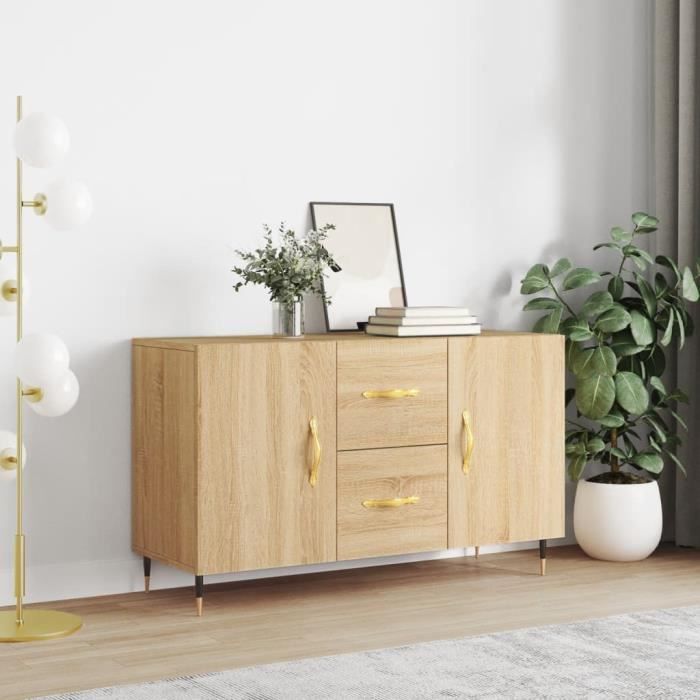Buffet bas - AKOZON - 100x36x60 cm - Bois dingénierie - Chêne sonoma - 2 portes