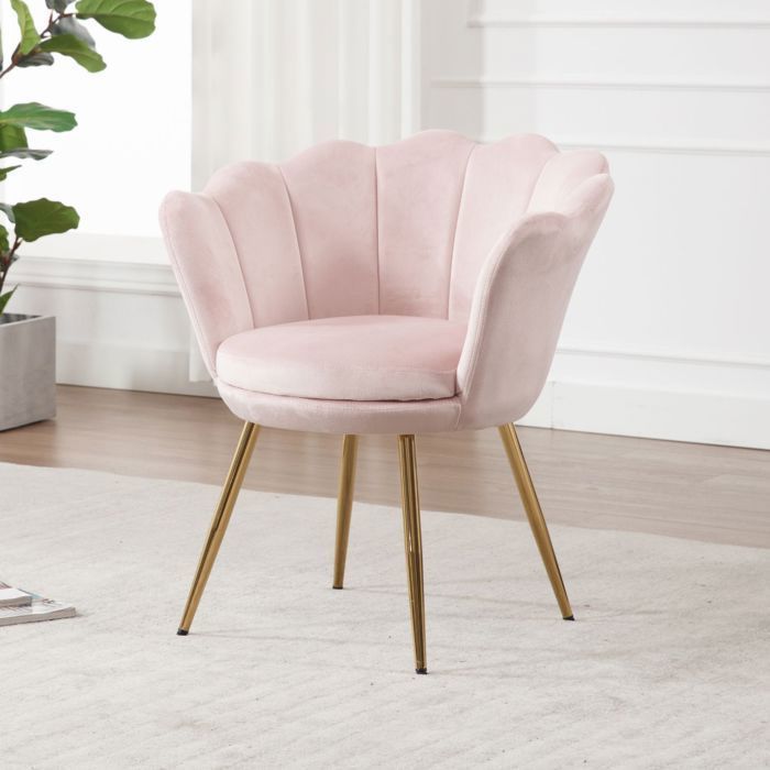Wahson Fauteuil et Chaise avec Pieds en Métal Plaqué Or Fauteuil Coquillage pour Coiffeuse Fauteuil de salon Velours Rose Clair