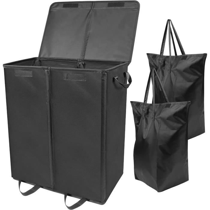 Panier à Linge Avec Couvercle 110L - 2 Compartiments, Sacs Amovibles, Cadre Bambou, Pliable, Couleur Crème