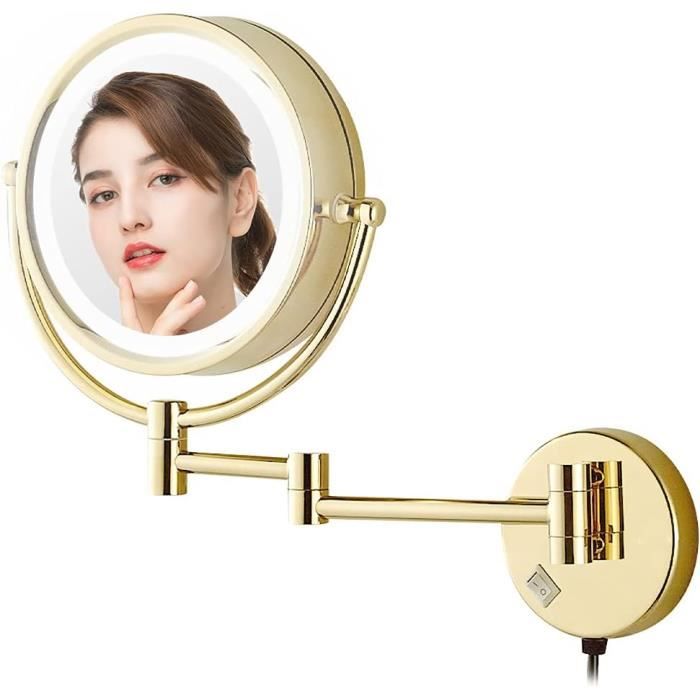Miroir Maquillage LED Double Face 1X/5X – Rotation 360°, 3 Couleurs De Lumière, Diamètre 21,5 Cm, Doré, Sur Pied