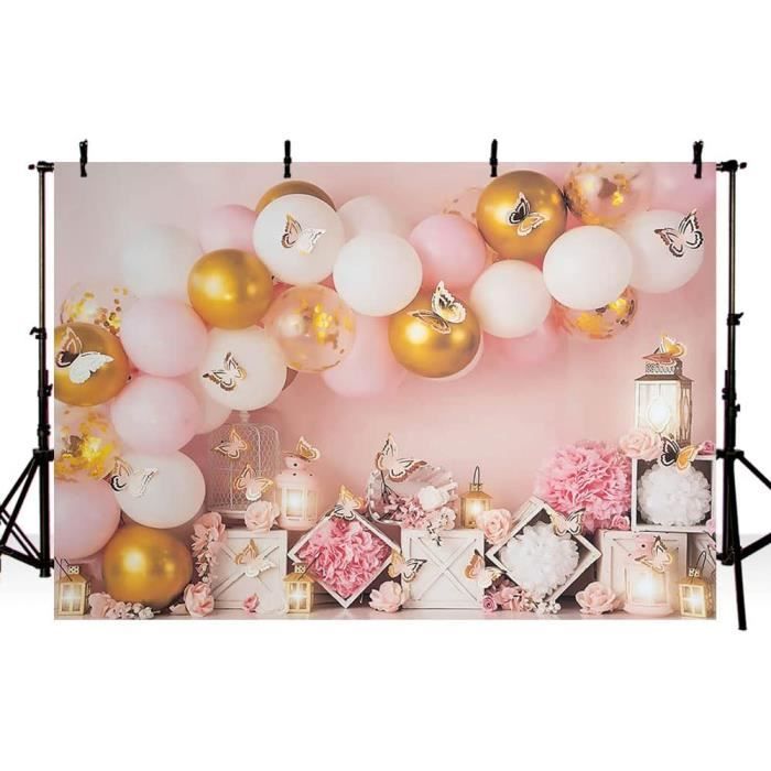 Toile Fond Photo 1er Anniversaire Fille - 2,4x1,8m - Fleurs Roses Pastel
