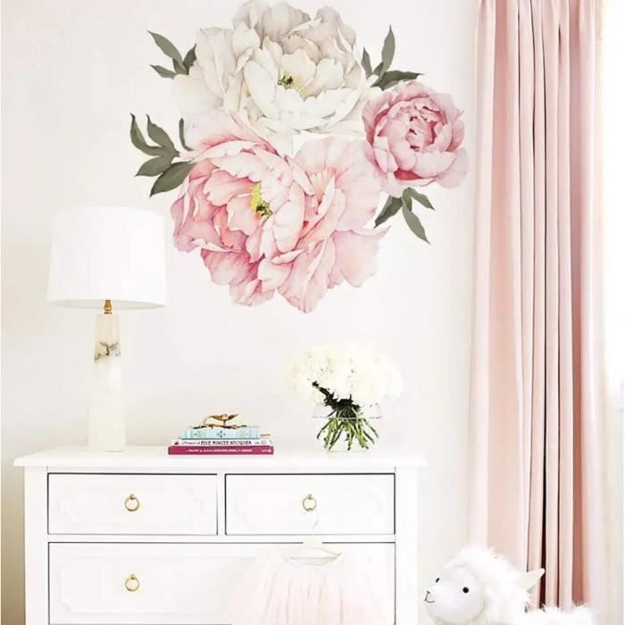 Sticker Mural - PIVOINE - 3x Autocollants - Rose et Blanc - Fleurs ...