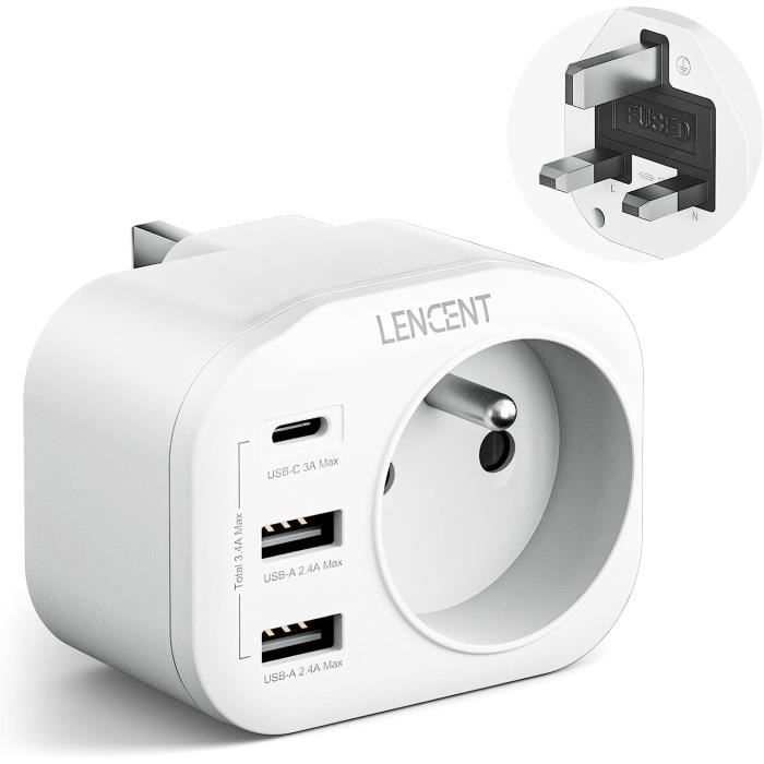 Adaptateur Prise UK Vers France LENCENT - Avec Ports USB Et USB-C - Type G