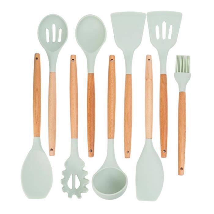 Ensemble d'ustensiles de cuisine en silicone - Ensemble de 11 pièces avec  manche en bois pour seau de rangement avec spatule - rose - Cdiscount Maison
