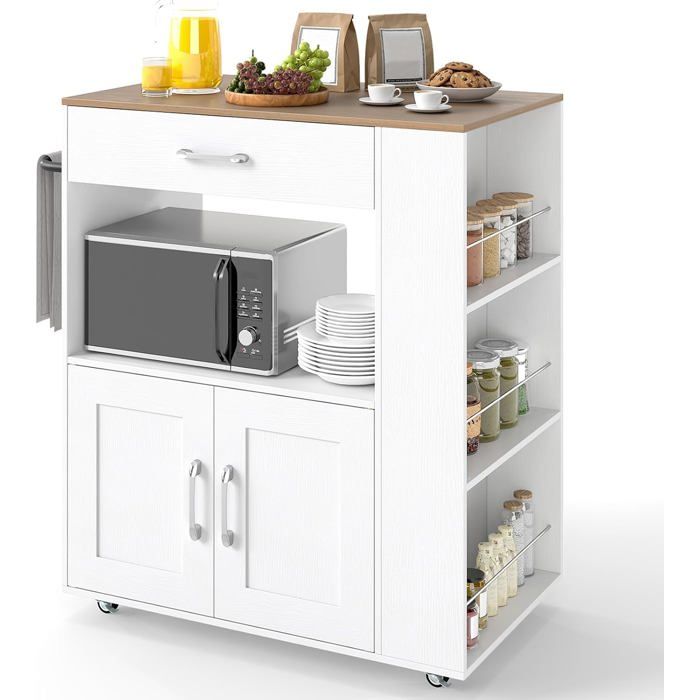 COSTWAY Desserte de Cuisine sur Roulettes (2 Verrouillables) 82x46x92cm îlot Chariot de Cuisine avec 3 Casiers à Épices Blanc COSTWAY Desserte de Cuisine sur Roulettes (2 Verrouillables) 82x46x92cm îlot Chariot de Cuisine avec 3 Casiers à Épices Blanc
