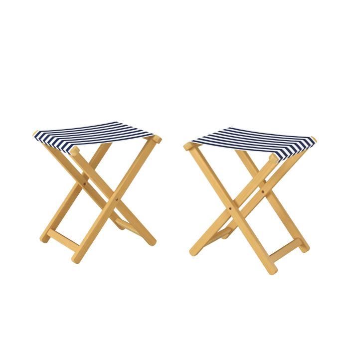 Tabouret de jardin pliable bois hêtre naturel avec tissu bleu et blanc V-10-216N-17