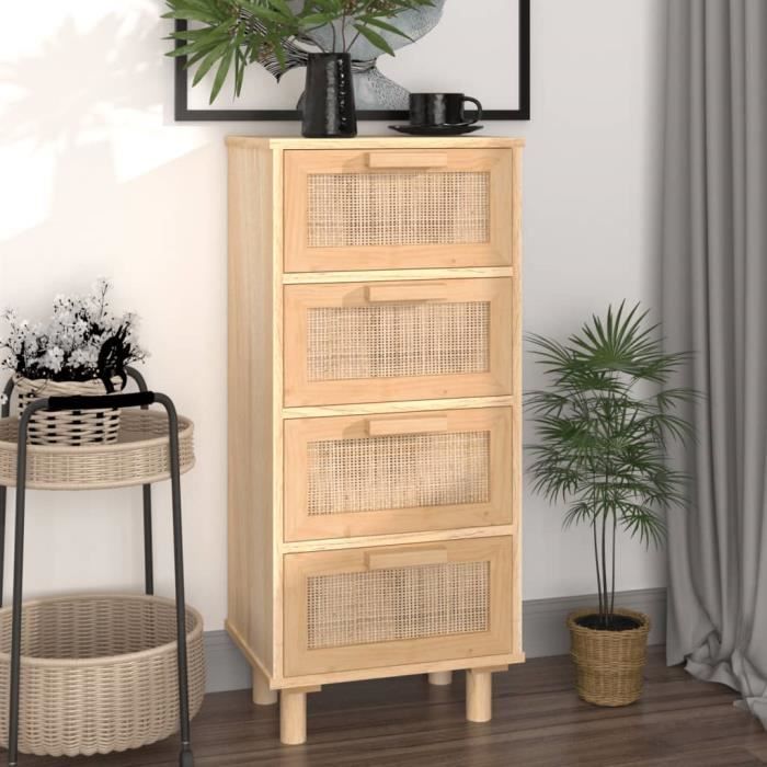 ESTINK Buffet Marron 40x30x90 cm Bois de pin massif et rotin naturel 117167