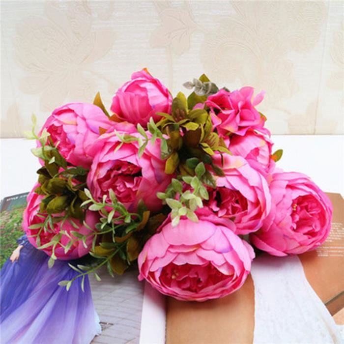 13 Branche /Rose rouge Bouquet européen fleurs artificielles coeur rond pivoine  Bouquet faux plante fête mariage maison décorative a - Cdiscount Maison