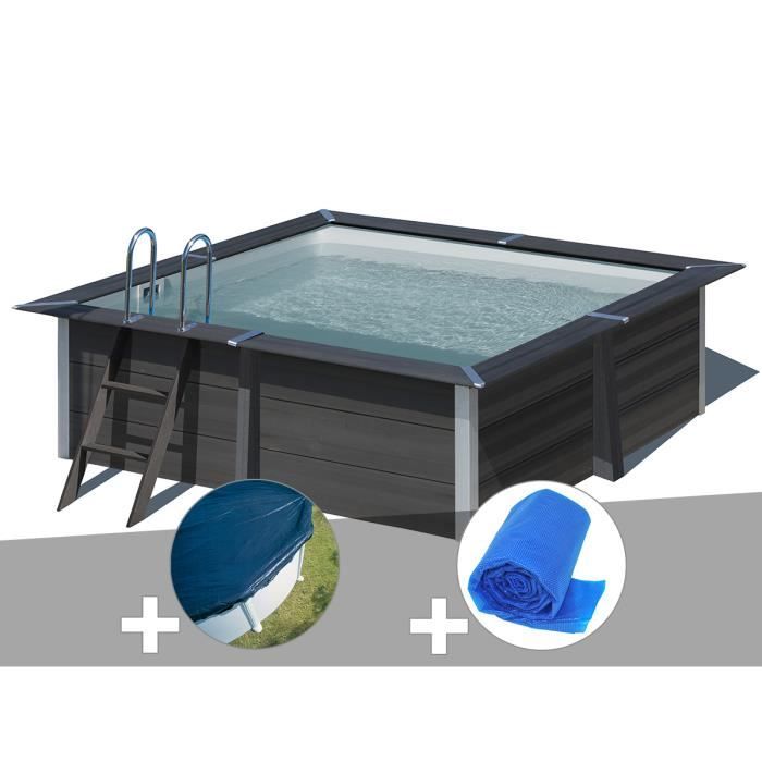 Kit piscine composite Gré Avant-Garde carrée 3,26 x 3,26 x 0,96 m + Bâche hiver + Bâche à bulles Bois Foncé