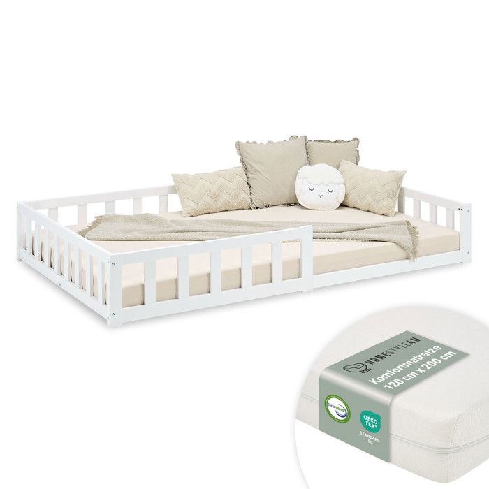 Lit pour enfant 120x200 Blanc Lit au sol avec matelas et sommier avec protection contre les chutes Montessori Lit pour enfant 120x200 Blanc Lit au sol avec matelas et sommier avec protection contre les chutes Montessori