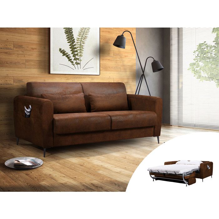 Allan - canapé lit 3 places convertible express couchage quotidien 140 cm matelas 12 cm en microfibre - Marron