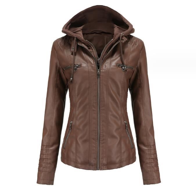 Veste Cuir Femme Fermeture Eclair Manteau a Capuche Court Veste Blousons Femme Veste Cuir Femme Blouson Femme cafe
