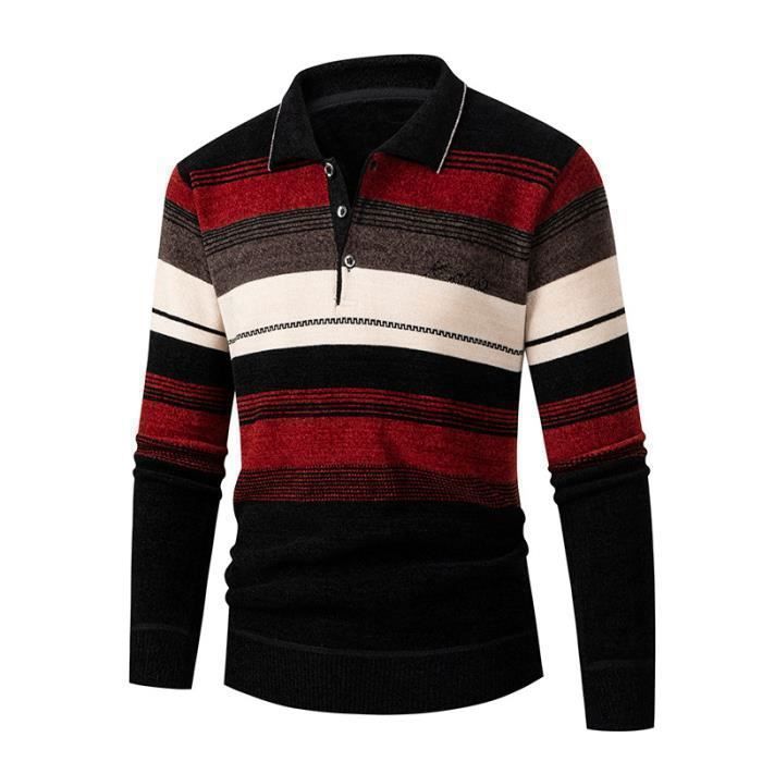 Pull Homme Rayure en Tricot Col Polo Manches Longues Doux Casual