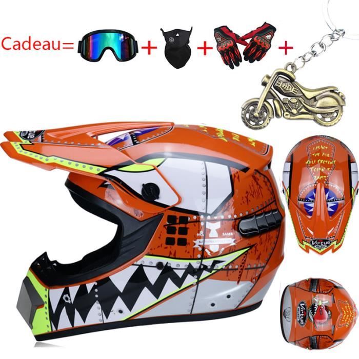 Casque Moto Enfant Intégral Rouge Araignée – Set Complet 5 Pièces : Casque Cross + Lunettes + Masque + Gants + Filet – Protection ATV Quad BMX VTT
