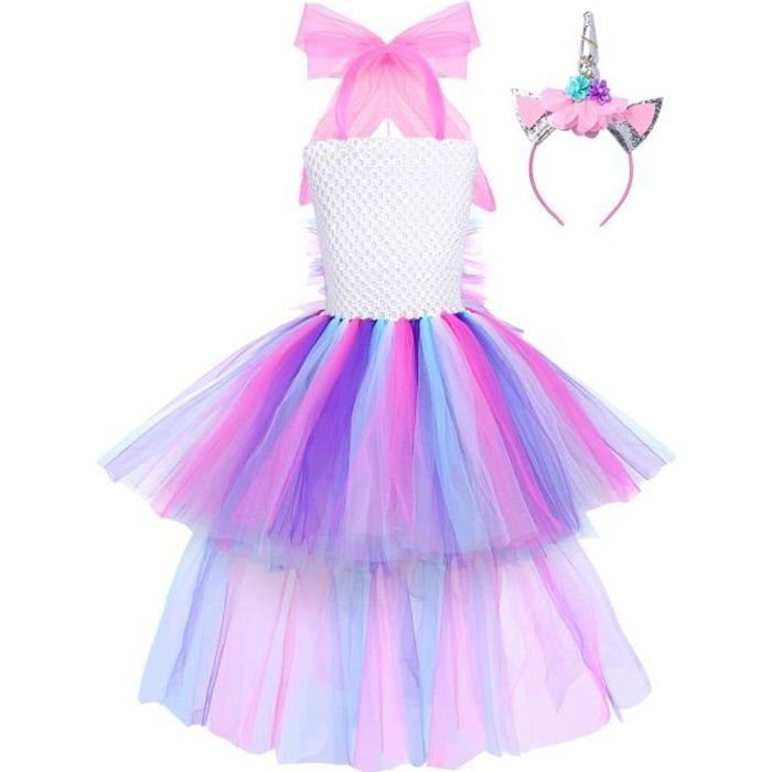 Robe Licorne Fille En Coton - Tulle Brillant - Manches Volantées - Parfaite Pour Fête Ou Quotidien
