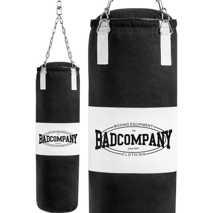 Bad Company Sac de frappe avec chaîne en acier robuste I Sac perforateur en toile avec cible en PVC rempli I 120 x 30 cm – Noir/blanc