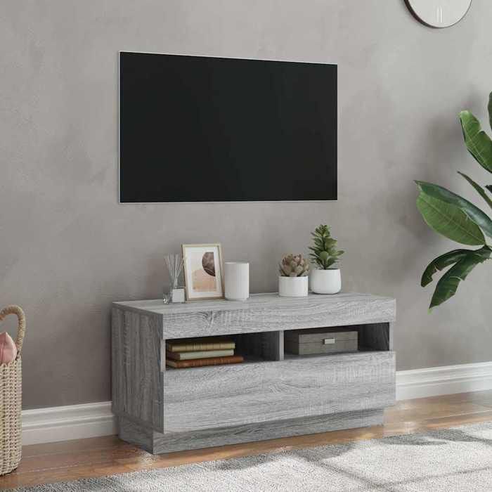 Meuble TV Mural Avec LED – 135 X 31 X 39,5 Cm – Bois D'ingénierie Gris Sonoma – 2 Tiroirs – Design Flottant Moderne